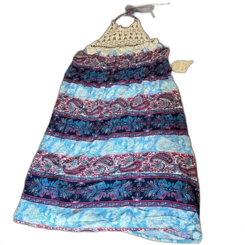 Altar’d State NWT Paisley Crochet Halter Dress M Navy Pink Boho Festival